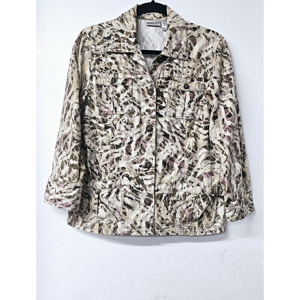 CHICO'S 100% Cotton Earth Tone Wooden Button-Up Women Jacket (1)
